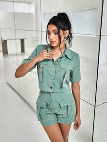 翻蓋口袋短款襯衫和短褲工裝套裝2入組 - 軍綠色 - 查看 7
