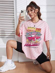 SHEIN EZwear 汽車和字母圖案落肩袖超大號T恤 - 粉色 - 查看 3