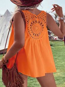 SHEIN Holidaya Áo hai dây Plus Size Tương phản ren màu trơn Giải trí - trái cam - Xem 1