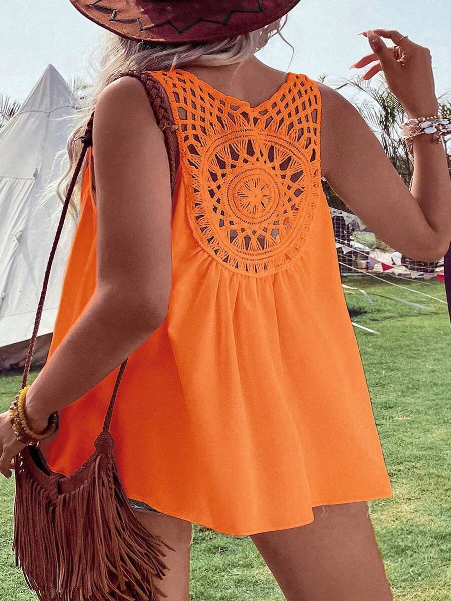 SHEIN Holidaya Áo hai dây Plus Size Tương phản ren màu trơn Giải trí - trái cam - Xem 1