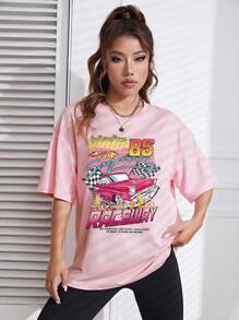 SHEIN EZwear 汽車和字母圖案落肩袖超大號T恤 - 粉色 - 查看 4