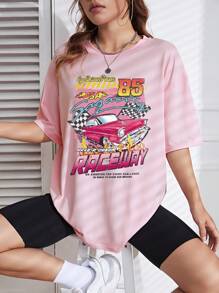 SHEIN EZwear 汽車和字母圖案落肩袖超大號T恤 - 粉色 - 查看 6
