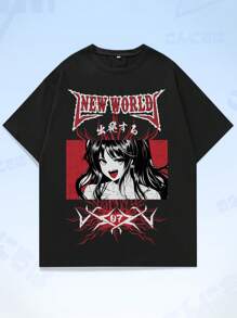 ROMWE MEN Anime 男士字母人像圖案T恤 - 黑色 - 查看 1