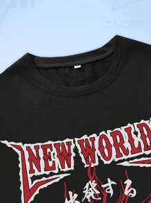 ROMWE MEN Anime 男士字母人像圖案T恤 - 黑色 - 查看 5