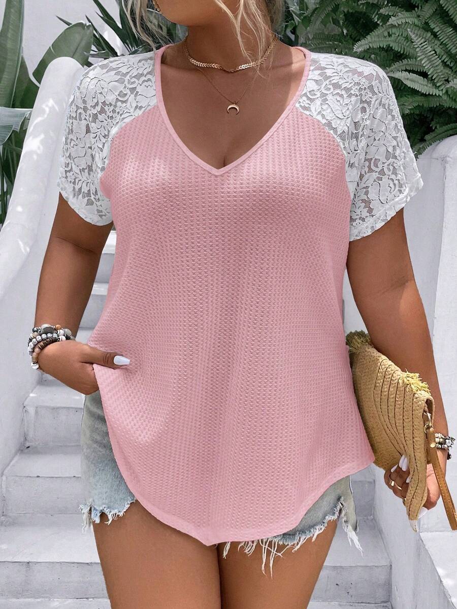 SHEIN LUNE Plus Contrast Lace Raglan Sleeve Waffle Knit Tee - Pink - View 1