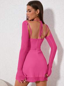 PARTHEA Draped Collar Flounce Sleeve Split Hem Mesh Dress - Hot Pink - View 2