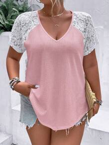 SHEIN LUNE Plus Contrast Lace Raglan Sleeve Waffle Knit Tee - Pink - View 3