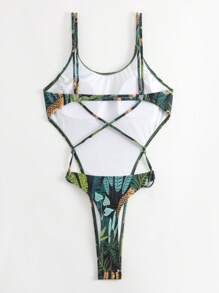 Tropical & Leopard Print One Piece Swimsuit - Multicolor - View 3