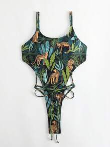 Tropical & Leopard Print One Piece Swimsuit - Multicolor - View 5