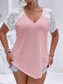 SHEIN LUNE Plus Contrast Lace Raglan Sleeve Waffle Knit Tee - Pink - View 5