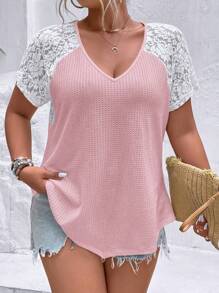 SHEIN LUNE Plus Contrast Lace Raglan Sleeve Waffle Knit Tee - Pink - View 7