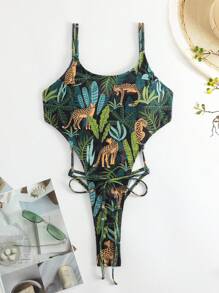 Tropical & Leopard Print One Piece Swimsuit - Multicolor - View 7