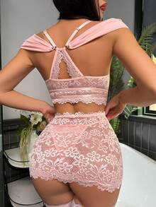 Classic Sexy Set de lencería con encaje floral transparente - Rosa - Ver 2