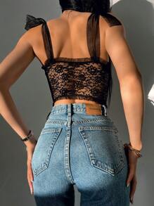 Floral Lace Tie Shoulder Underwire Corset Bra Lingerie UnderwearOuter, Baddie Look - Black - View 2