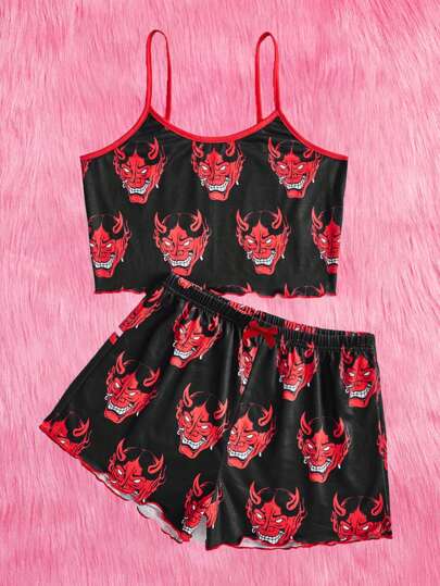 J-Fashion Conjunto de pijama con estampado de calavera, ribete de contraste, para la escuela