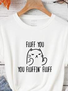 SHEIN Essnce Cartoon And Slogan Graphic Tee FLUFF YOU YOU FLUFFIN' FLUFF - White - View 5