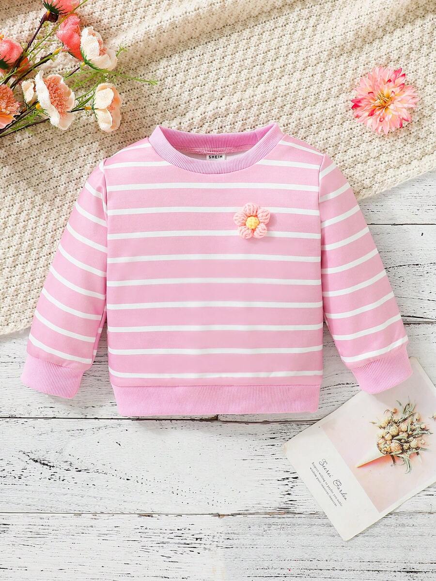 SHEIN 女嬰休閒舒適粉色條紋圖案運動衫，有趣印花和編織標籤，秋季 - 粉色 - 查看 1