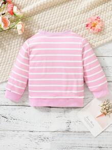 SHEIN 女嬰休閒舒適粉色條紋圖案運動衫，有趣印花和編織標籤，秋季 - 粉色 - 查看 2