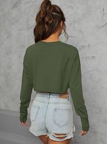 INAWLY Solid Drop Shoulder Crop Tee Fall Cloth For Women - Army Green - View 2