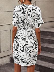 SHEIN LUNE Marble Print Batwing Sleeve Ruched Dress - Black and White - View 2