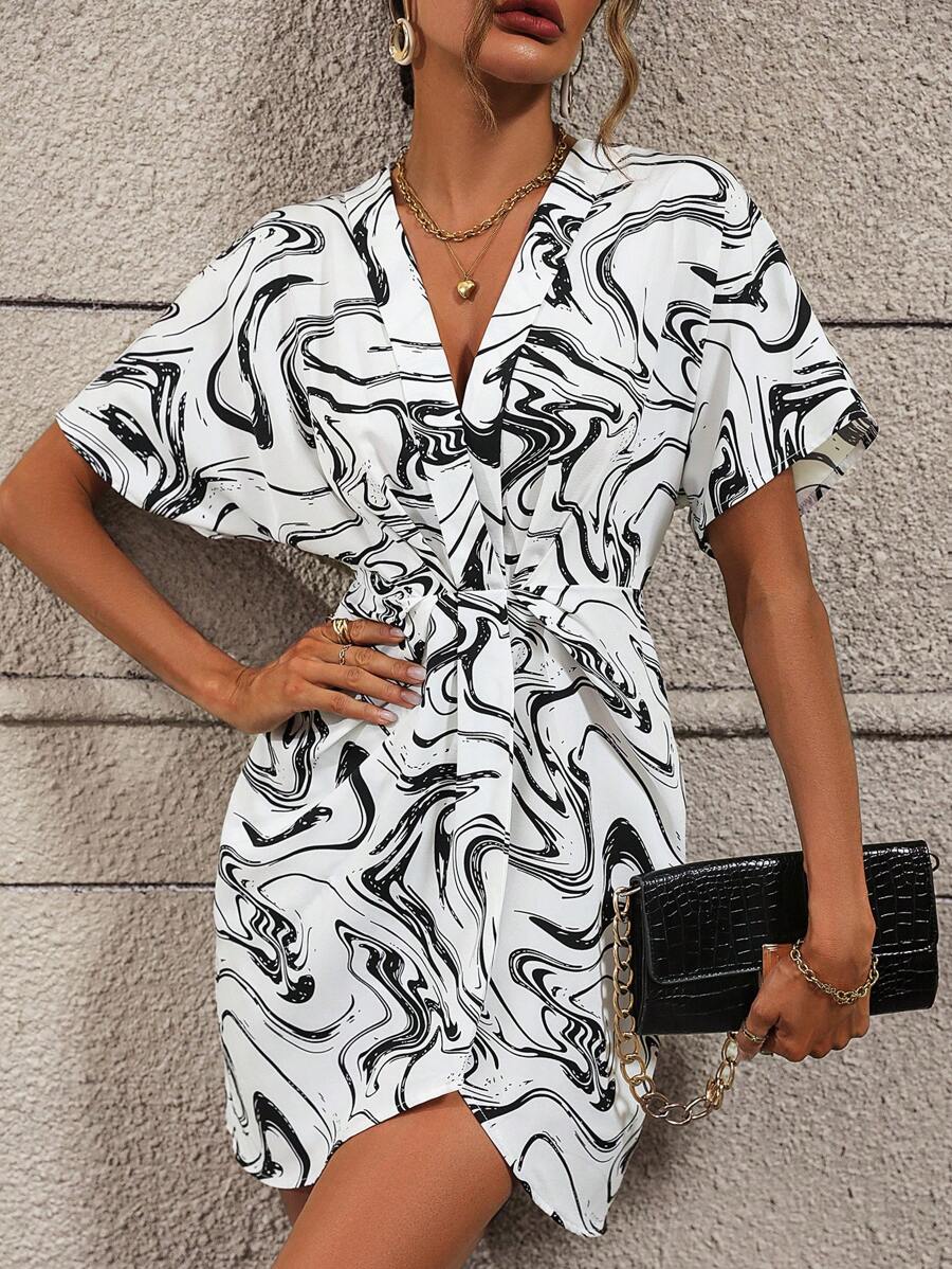 SHEIN LUNE Marble Print Batwing Sleeve Ruched Dress - Black and White - View 1