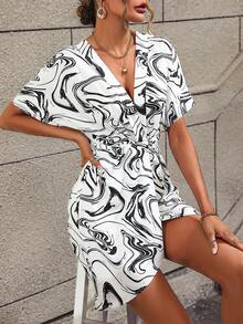 SHEIN LUNE Marble Print Batwing Sleeve Ruched Dress - Black and White - View 6