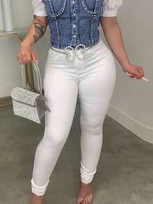 Women's Casual With Pockets Skinny Fit Jeans, Versatile - White - View 4