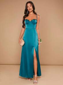 SHEIN Belle Split Thigh Bustier Cami Bridesmaid Dress - Teal Blue - View 1