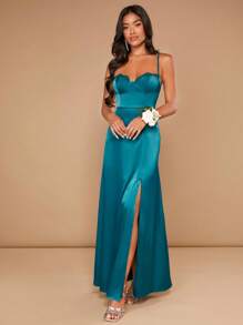 SHEIN Belle Split Thigh Bustier Cami Bridesmaid Dress - Teal Blue - View 3