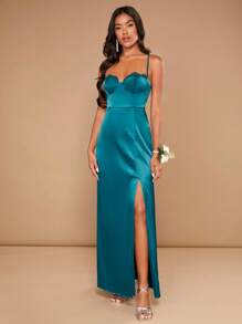 SHEIN Belle Split Thigh Bustier Cami Bridesmaid Dress - Teal Blue - View 4