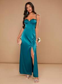 SHEIN Belle Split Thigh Bustier Cami Bridesmaid Dress - Teal Blue - View 5