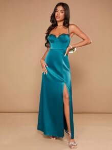 SHEIN Belle Split Thigh Bustier Cami Bridesmaid Dress - Teal Blue - View 7