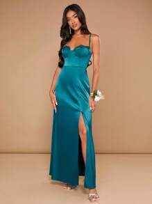 SHEIN Belle Split Thigh Bustier Cami Bridesmaid Dress - Teal Blue - View 8