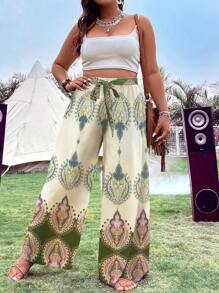 SHEIN Clasi Plus Graphic Print Belted Wide Leg Trousers - Dark Green - View 1