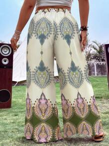 SHEIN Clasi Plus Graphic Print Belted Wide Leg Trousers - Dark Green - View 2