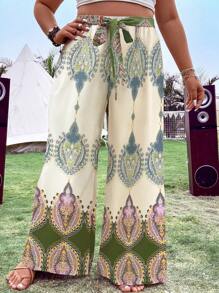 SHEIN Clasi Plus Graphic Print Belted Wide Leg Trousers - Dark Green - View 3