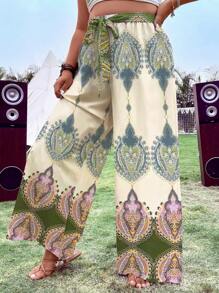 SHEIN Clasi Plus Graphic Print Belted Wide Leg Trousers - Dark Green - View 4