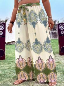 SHEIN Clasi Plus Graphic Print Belted Wide Leg Trousers - Dark Green - View 6