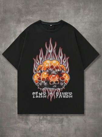 Grunge Punk Guys Fire & Skull Print Tee