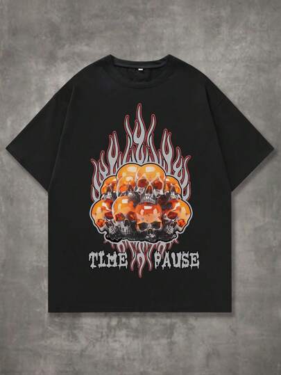 Grunge Punk Guys Fire & Skull Print Tee