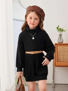 SHEIN 女小童高領落肩袖洋裝不附腰帶 - 黑色 - 查看 1