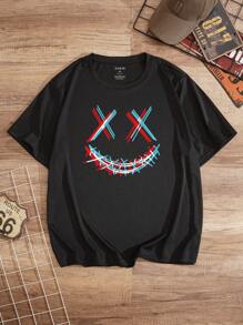 Hombres talla grande Camiseta con estampado de expresión - Negro - Ver 1