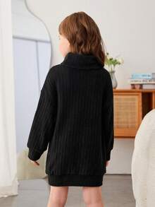 SHEIN 女小童高領落肩袖洋裝不附腰帶 - 黑色 - 查看 2