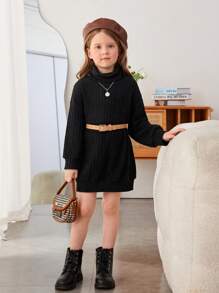 SHEIN 女小童高領落肩袖洋裝不附腰帶 - 黑色 - 查看 3