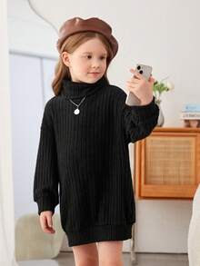 SHEIN 女小童高領落肩袖洋裝不附腰帶 - 黑色 - 查看 4