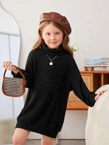 SHEIN 女小童高領落肩袖洋裝不附腰帶 - 黑色 - 查看 5