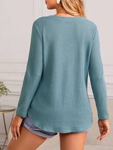 SHEIN Thai sản Cổ có Lỗ hổng Dệt kim Waffle Áo thun - Màu xanh Cadet - Xem 2