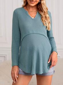 SHEIN Thai sản Cổ có Lỗ hổng Dệt kim Waffle Áo thun - Màu xanh Cadet - Xem 3