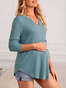 SHEIN Thai sản Cổ có Lỗ hổng Dệt kim Waffle Áo thun - Màu xanh Cadet - Xem 5