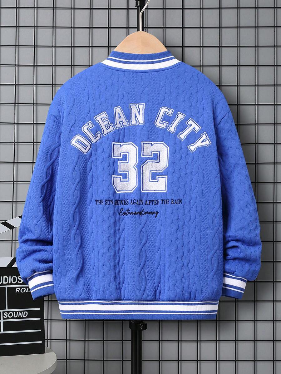 SHEIN Tween Boy Leisure Embroidered Letter Baseball Collar Zip Front Knitted Jacket,In Fall/Winter - Blue - View 1